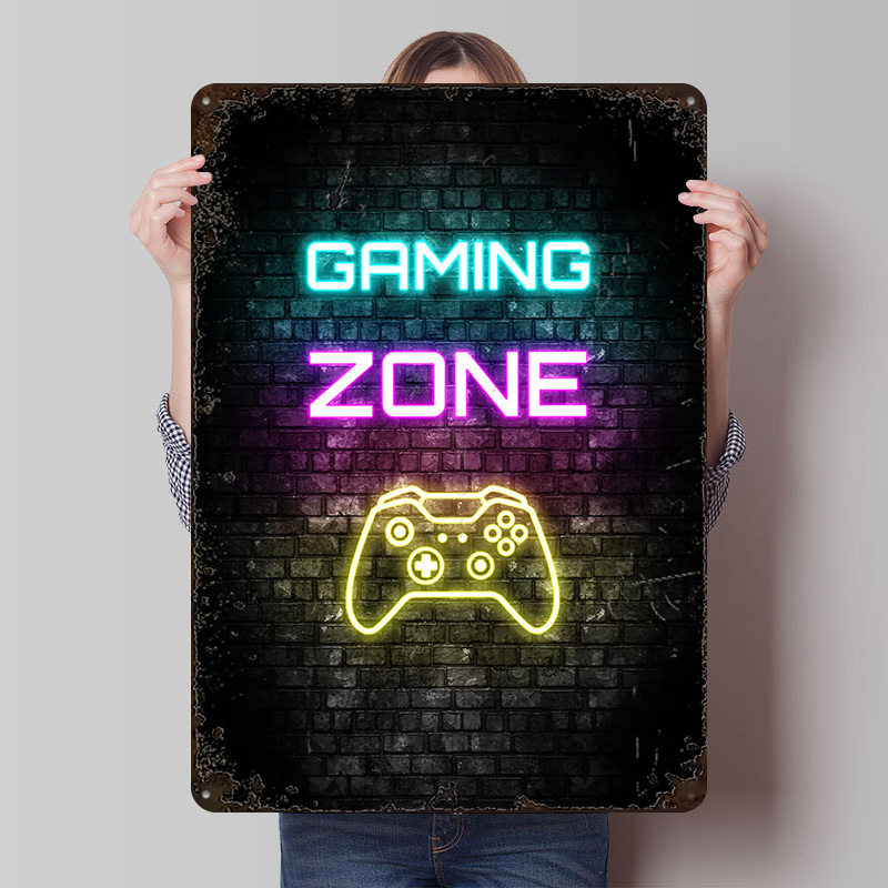 Retro Gaming On - Игровая зона, неоновая вывеска на кирпиче,